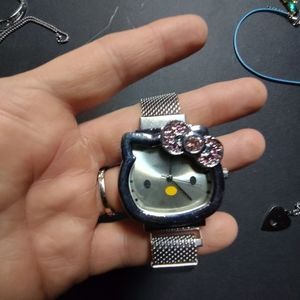 Silver mesh Hello Kitty watch with rhinestone bow